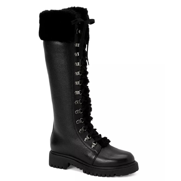 NEW Aquatalia Joslyn Knee-High Faux Fur-Trimmed Black Leather Boots Sz. 5 - Picture 1 of 3